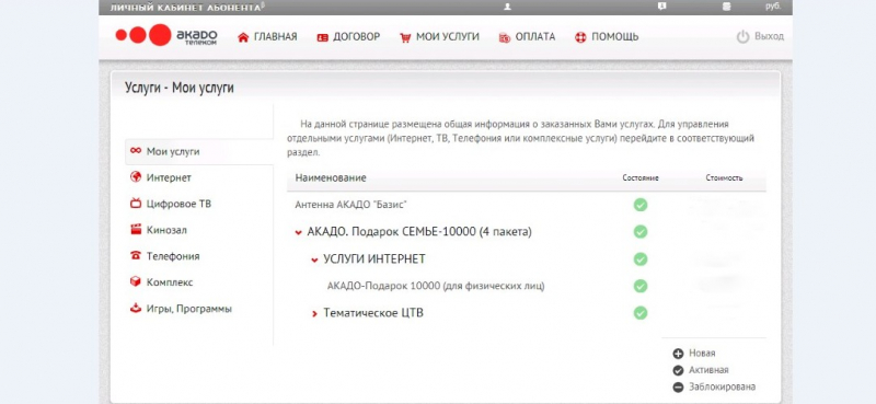 Личный кабинет Акадо