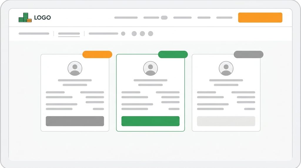 Чистый UI/UX дизайн интерфейса веб-сайта агрегатора займов, вид на экране монитора или планшета, формат 16:9. На светлом фоне расположены три аккуратные прямоугольные карточки-предложения в ряд. Дизайн карточек минималистичный, в бело-зелено-оранжевой гамме (как у современных финтех-сервисов). В верхней части каждой карточки — яркий цветной ярлык-плашка (тег): на левой карточке оранжевый ярлык, на центральной — зеленый, на правой — серый. Внутри карточек вместо текста — аккуратные серые линии-плейсхолдеры (имитация текста условий) и круглые иконки-аватары. Под каждой карточкой — большая контрастная кнопка (зеленая и серая). Стиль: современная плоская векторная иллюстрация интерфейса (flat UI design), чистые линии, много воздуха, профессиональный вид финансового портала. Никаких реальных надписей, цифр и логотипов.