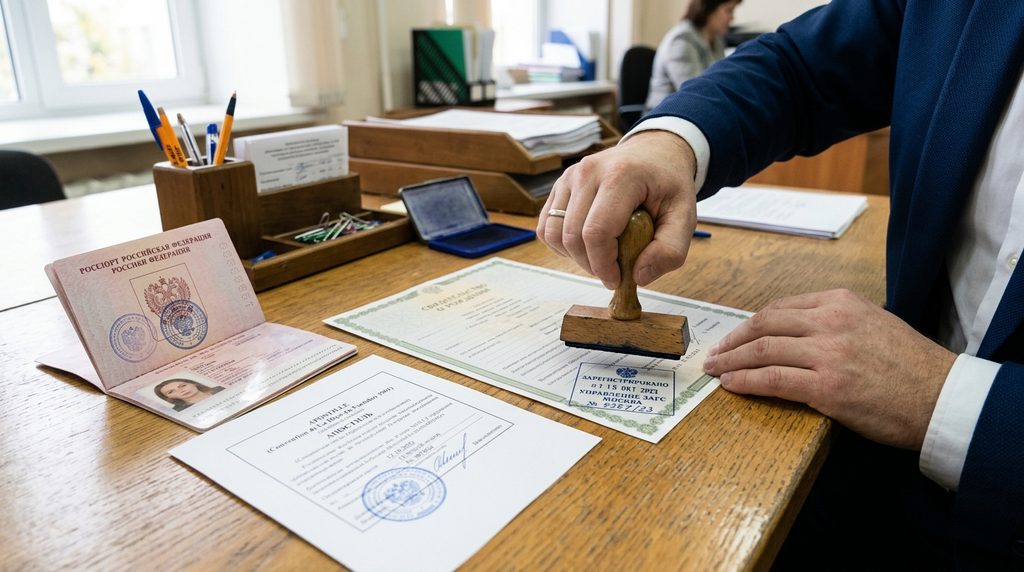 Человек ставит печать на документ для регистрации компании в Китае.